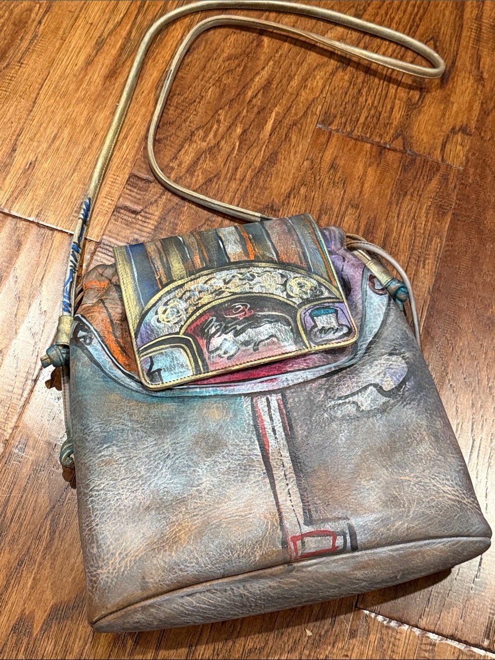 Jane Yoo Signed Artistic Multicolor Leather Crossbody Bag